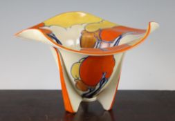 A large Clarice Cliff Orange Autumn pattern tri-form vase, with undecorated pierced flower holder,