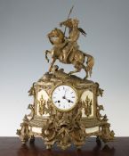 A 19th century French gilt metal and white marble mantel clock, surmounted with a figure of Henry IV