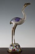 A pair of Chinese champleve, enamel and bronze `crane` pricket candlesticks, early 20th century,