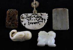 Three Chinese jade carvings and two other hardstone carvings, comprising a celadon jade plaque, a