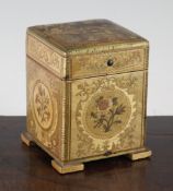 An early 19th century French straw-work tea caddy, decorated with figures to the cover and flowers