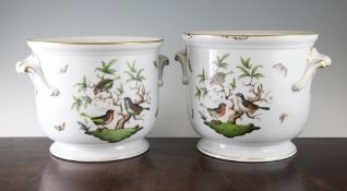 A near pair of Herend Rothschild Bird pattern U shaped wine coolers, with shell and scroll