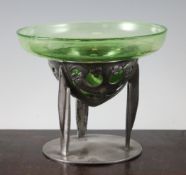 An Archibald Knox Liberty Tudric pewter centrepiece, no.0276, with green Clutha glass liner, 6.5in.