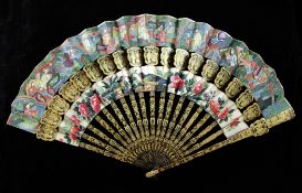 An unusual Chinese export gilt decorated black lacquer and painted paper leaf fan, 19th century, the