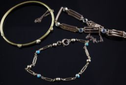 Two 9ct gold gem set bracelets and a gold diamond and seed pearl set stiff bracelet, gross 17.8