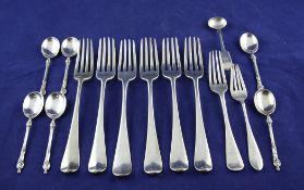 Five George III silver hanovarian pattern table forks, with engraved armorial, Smith & Fearn,