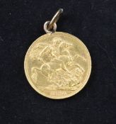 A Victorian 1890 gold sovereign, now with pendant mount.