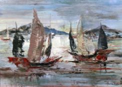Gerard Dalton Henderson (b. 1928)oil on board,Hong Kong harbour, junks in foreground,signed,21 x