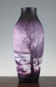 A J. Argental cameo etched glass vase, decorated in violet on a white ground with deer in a snowy