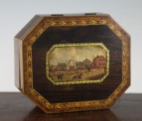 A 19th century elongated octagonal rosewood Tunbridgeware box, the lid with a printed view of