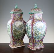 A pair of famille rose rectangular baluster vases, each painted with figures in river landscape