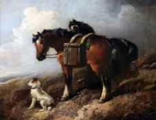 W.H. Davisoil on canvas,Ponies and terrier in a landscape,signed,14 x 17in.