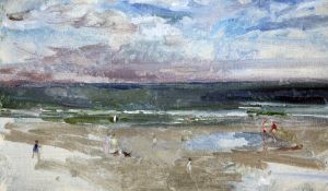 § Peter Greenham (1909-1992)oil on board,Seashore, Bamburgh,initialled, New Grafton Gallery label