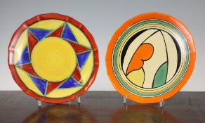 Two Clarice Cliff Original Bizarre pattern plates, each of Leda shape, the first with a geometric