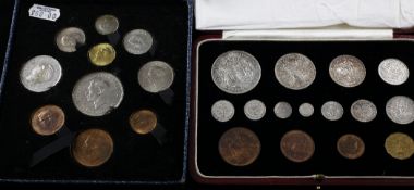 A George VI 1937 specimen coin set from crown to farthing with maundy set for the year, cased,