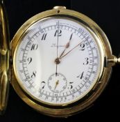 A 20th century gold Longines hour and minute repeating chronograph pocket watch, with Arabic dial