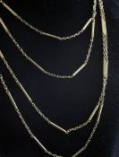 An 18ct gold baton and chain link guard chain, 22.4 grams, 63in.