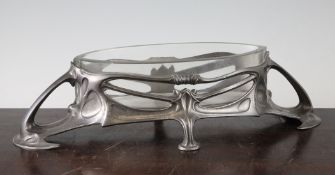 A Friedrich Adler Urania Art Nouveau pewter and glass centrepiece, stamped marks 1011 to base,