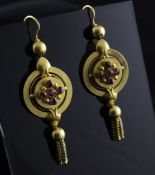 A pair of Victorian gold and amethyst set drop earrings, of disc form with tassel drops, 2in,