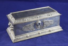 A George V silver rectangular two handled casket, by Elkington & Co, of sarcophagus form, with