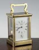 A French lacquered brass carriage alarm clock, with dial signed Romanet Morbier, 6in.