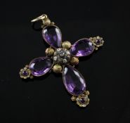 A cased Victorian gold, silver, amethyst and diamond set cruciform pendant, 2.5in.