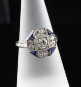 A 1940`s 18ct white gold, sapphire and diamond dress ring, of octagonal form, size N.