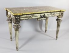 A decorative Italian painted side table, with faux marble top, classical motifs and tapering