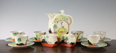 A Clarice Cliff Applique Idyll sixteen piece coffee set, in Bonjour shape, printed Bizarre Clarice