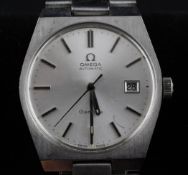 A gentleman`s early 1970`s stainless steel Omega automatic wrist watch, with baton numerals and date