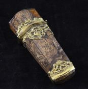 A gilt mounted agate stone necessaire set, the lid opening to reveal various implements, 4in.