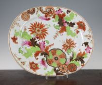 A Chinese export `pseudo tobacco leaf` famille rose dish, Qianlong period, of oblong shape, 15in.