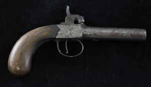 A 19th century percussion cap pistol, with single steel barrel and walnut butt, marked for