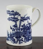 A large Worcester cylindrical mug, c.1758-65, printed in blue with the `plantation print`, unmarked,