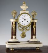 A 19th century French ormolu mounted red and white marble portico clock, with enamelled Roman dial