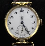 A gentleman`s 1920`s 18ct gold Movado manual wind wrist watch, with Arabic dial and subsidiary