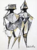 § Lynn Chadwick (1914-2003)ink and watercolour,Two figures,signed and dated `55,8.75 x 6.5in.