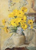 Mary Remington (1910-)oil on canvas,Still life of flowers in a pottery vase,signed,24 x 18in.