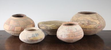 Five Indus Valley pottery bowls, c.3300-1300 BC, each polychrome painted with fish of geometric