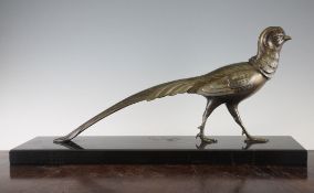 A 1930`s patinated metal model of a pheasant, signed to the tail Melani, on a rectangular black