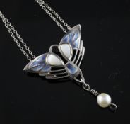 A continental Art Nouveau style silver, mother of pearl, cultured pearl and enamel drop pendant,