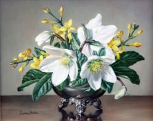 James Noble (1919-1989)oil on board,Christmas Roses and Winter Jasmine,signed,8 x 9.5in.