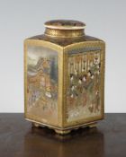 A Japanese Satsuma pottery square tea caddy, cover and inner cover, Meiji period, finely painted
