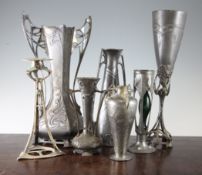 An Orivit Art Nouveau pewter three handled vase, no.2183, 150a Urania Art Nouveau pewter vase, a