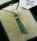 A mid 20th century gold and diamond mounted jadeite pendant, of tapering cylindrical form, with