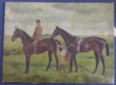 George Paice (1854-1925)oil on canvas,Portrait of two horses with rider and groom,signed and