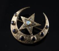 A Victorian gold, sapphire, diamond and white opal set crescent and star brooch, 1.25in.