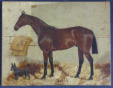 George Paice (1854-1925)oil on canvas,Portrait of the racehorse `Shut Up` standing in a stable