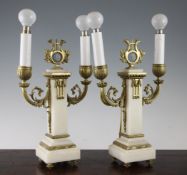 A pair of Louis XVI style gilt bronze and marble candelabra, late 19th century, the stepped marble