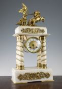 A Napoleon III ormolu mounted white marble portico clock, surmounted with cupid driving a chariot,